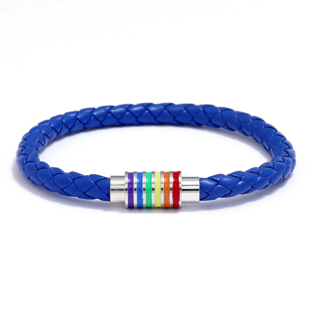 Rainbow Braided Leather Bracelet – Magnetic Buckle Unisex Bangle Leather Charm Bracelet PLUSH Blue Silver