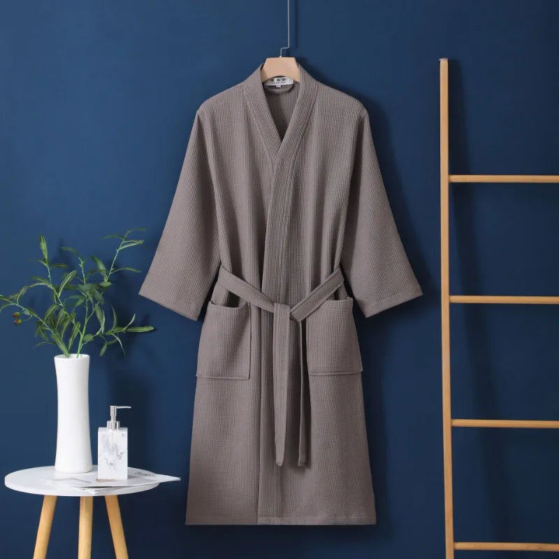 100% Cotton Waffle Kimono Bathrobe – Unisex V-Neck Robe Cotton Kimono Bathrobe PLUSH