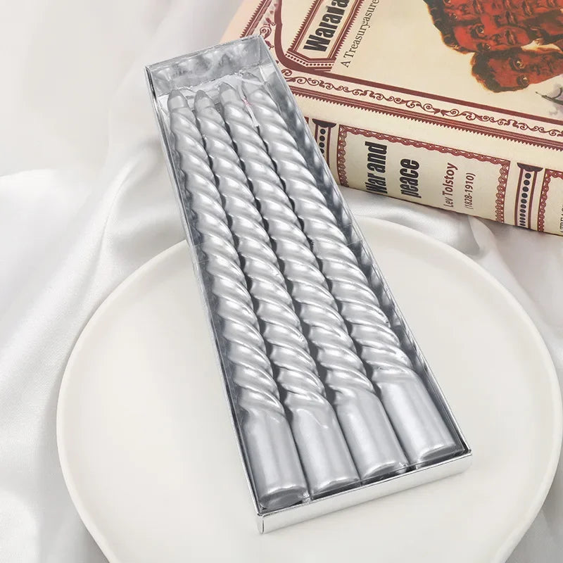 Spiral Taper Candles Gold Silver White Red – Party & Wedding Decorative Taper Candles PLUSH silvery