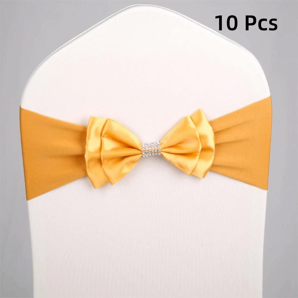10pcs Satin Bow Chair Sashes – Elastic Spandex, No-Tie Chair Sash Bows PLUSH Gold