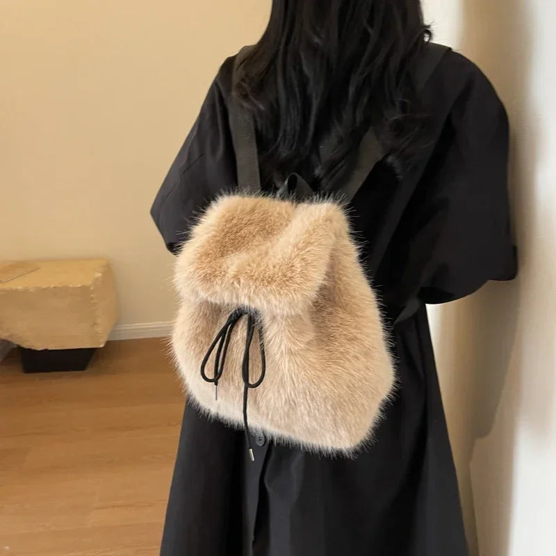 Women's Fox Fur Backpack – Magnetic Drawstring Flap Bag Set Women's Backpack PLUSH