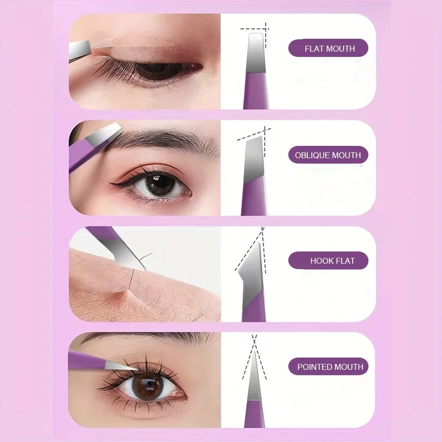 Ouriner 4pc Stainless Steel Tweezers – Eyelash & Brow Kit Beauty Tweezers Kit PLUSH