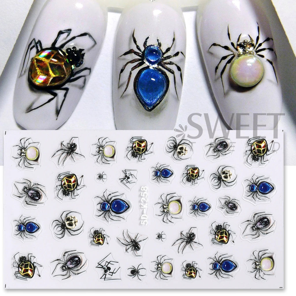 Halloween 5D Embossed Nail Stickers – Spider, Gem & Web Decals Nail Art Stickers PLUSH