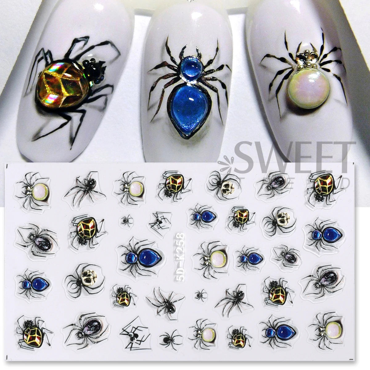 Halloween 5D Embossed Nail Stickers – Spider, Gem & Web Decals Nail Art Stickers PLUSH