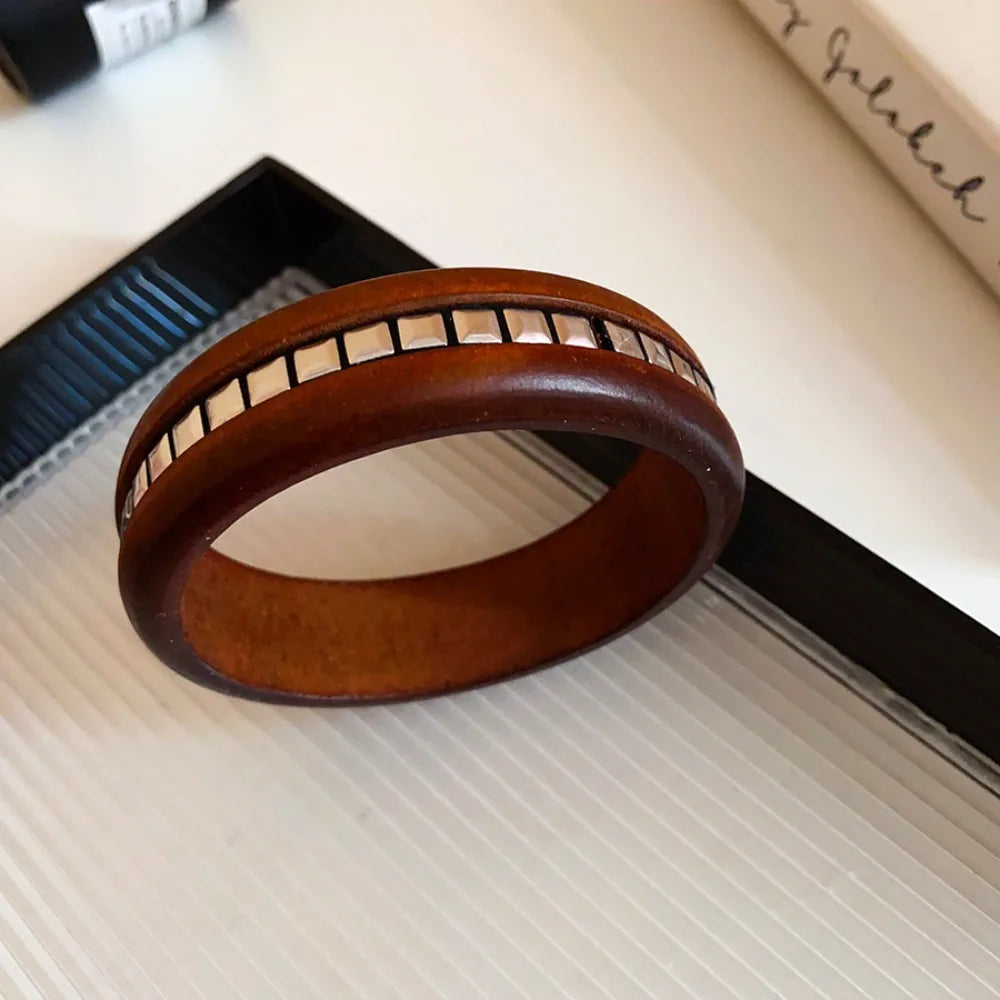 Chinese Style Wooden Bangle – Punk Y2K Wide Rivet Bracelet Wooden Bangle Bracelet PLUSH Style B