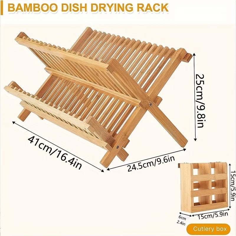 Foldable 2-Layer Bamboo Dish Drying Rack with Utensil Holders Dish Drying Rack PLUSH