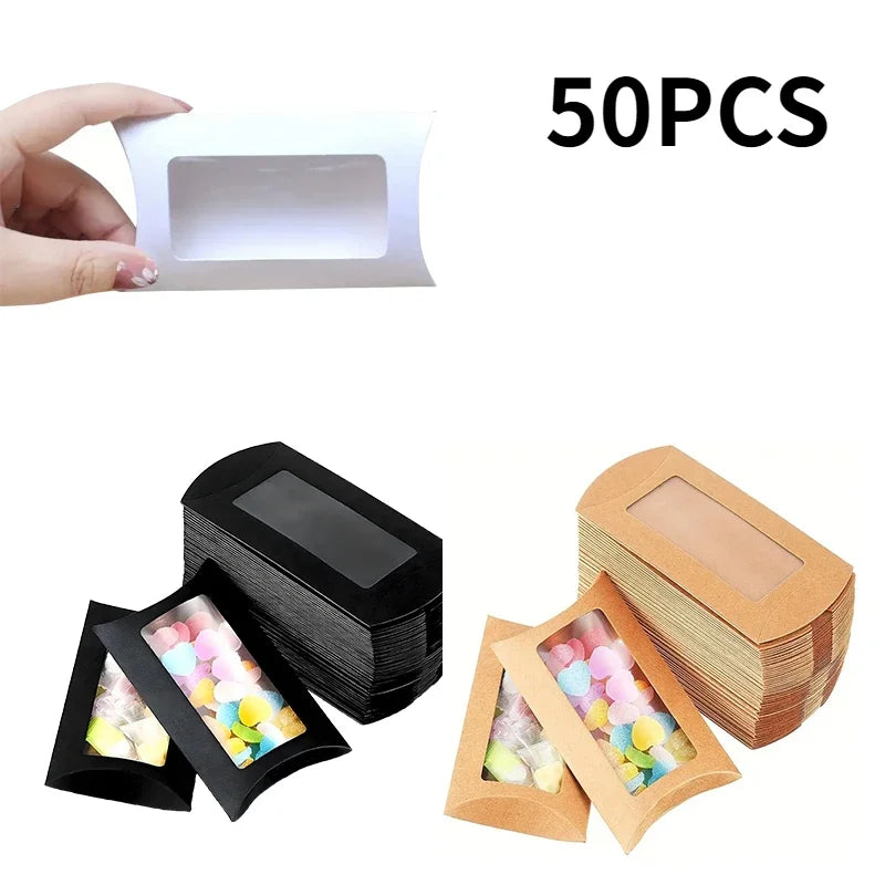 50pcs Paper Pillow Gift Boxes with Clear PVC Window | Candy & Jewelry Gift Packaging Boxes PLUSH