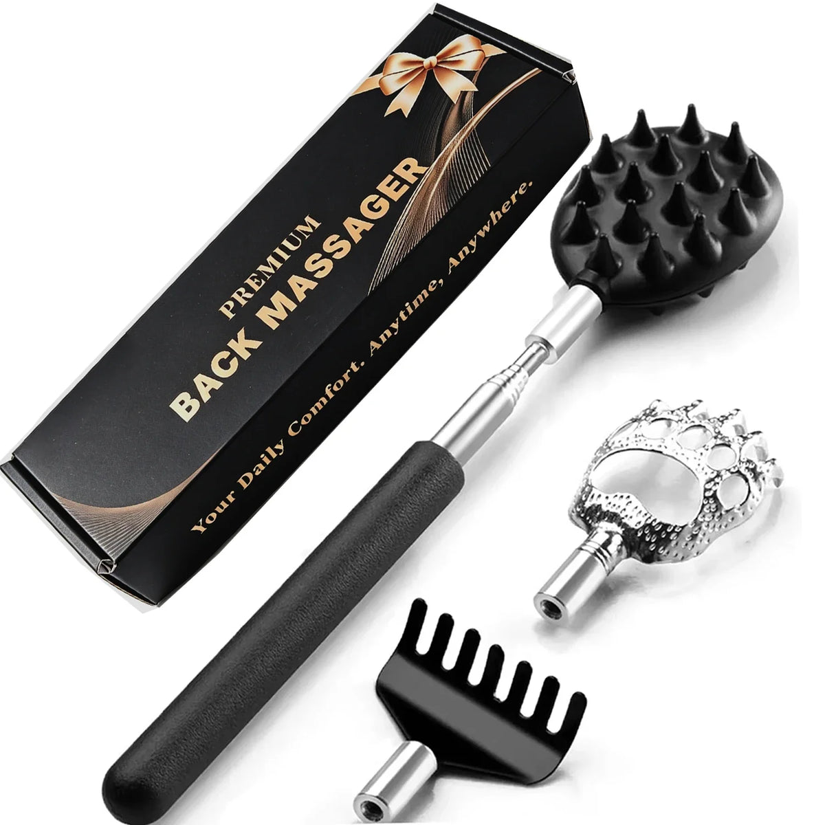Telescoping Back Scratcher 3-in-1 Set – Extends to 32" Back Scratcher Tool PLUSH Black Set