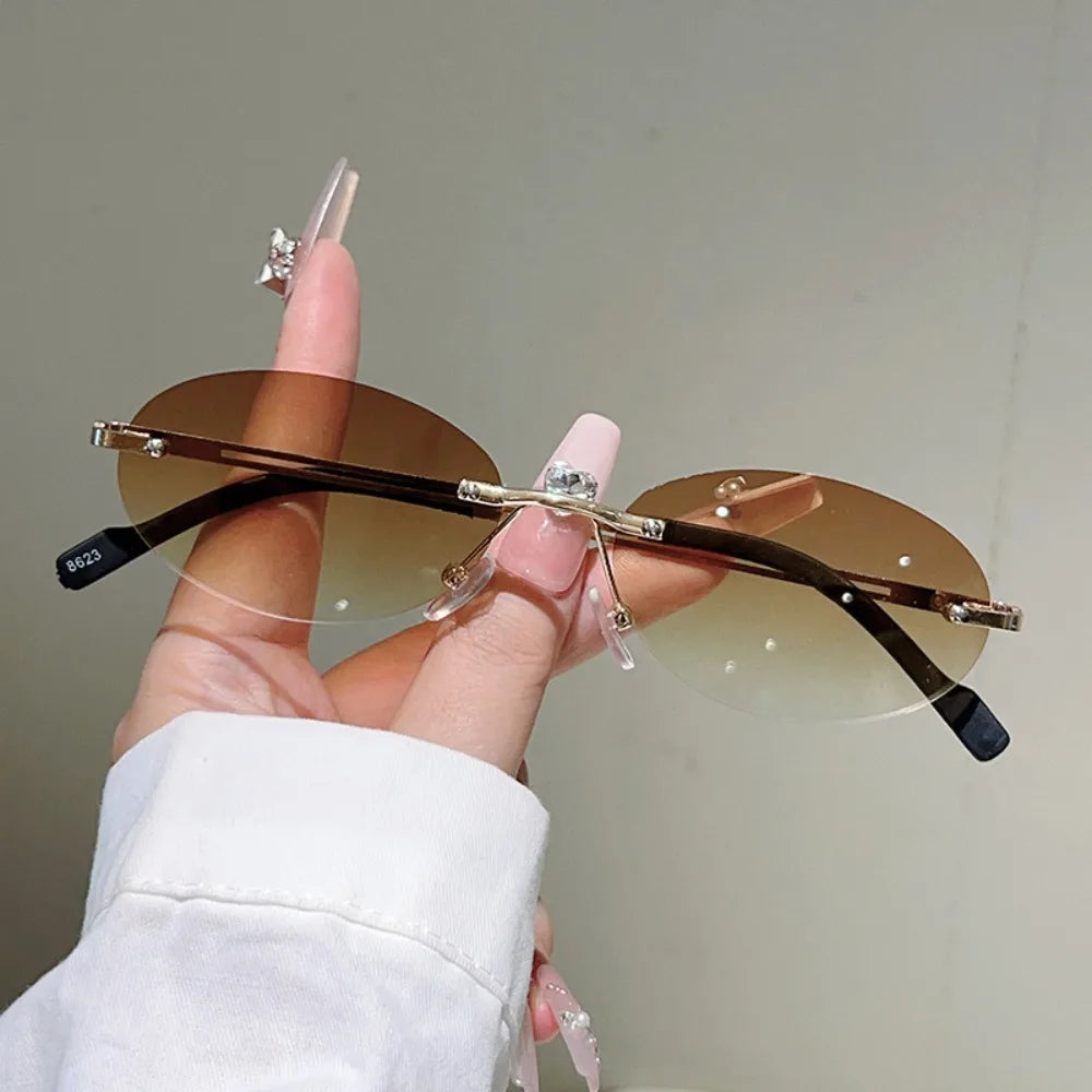 Vintage Rimless Oval Sunglasses – Retro Gradient Women's Shades Rimless Oval Sunglasses PLUSH Style 2 WHITE
