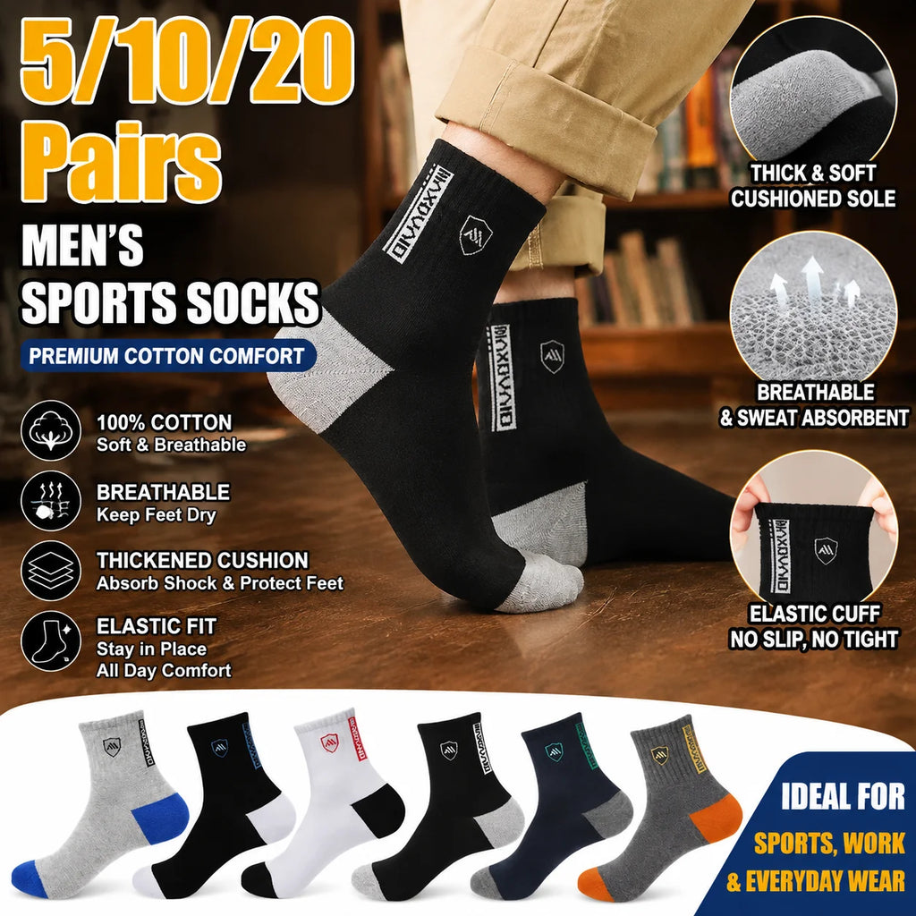 Men's Thick Cotton Socks Set – 5 Pairs, Breathable Mid-Tube Cotton Socks Set PLUSH