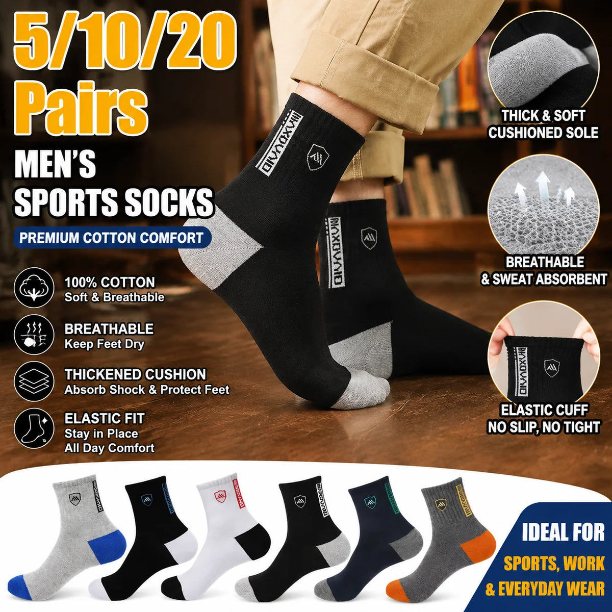 Men's Thick Cotton Socks Set – 5 Pairs, Breathable Mid-Tube Cotton Socks Set PLUSH
