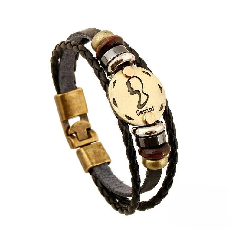 Retro Zodiac Constellation Leather Charm Bracelet – 12 Signs Leather Charm Bracelet PLUSH Gemini
