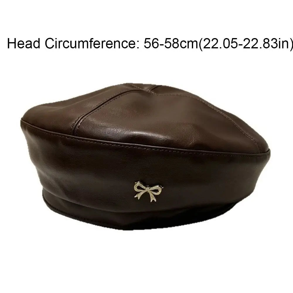 Women's PU Leather Bow Beret | British Newsboy Cap All Seasons Women's Beret Hat PLUSH