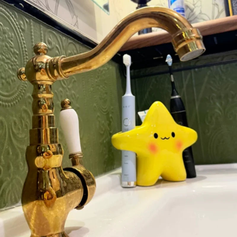 Yellow Star Ceramic Toothbrush & Toothpaste Holder Organizer Toothbrush Holder PLUSH