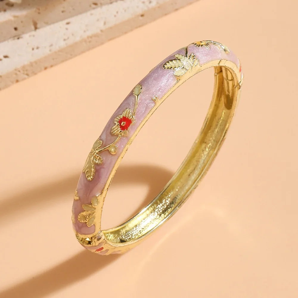 Flower Enamel Cloisonné Bangle – Vintage Filigree Bracelet Enamel Bangle PLUSH Pink