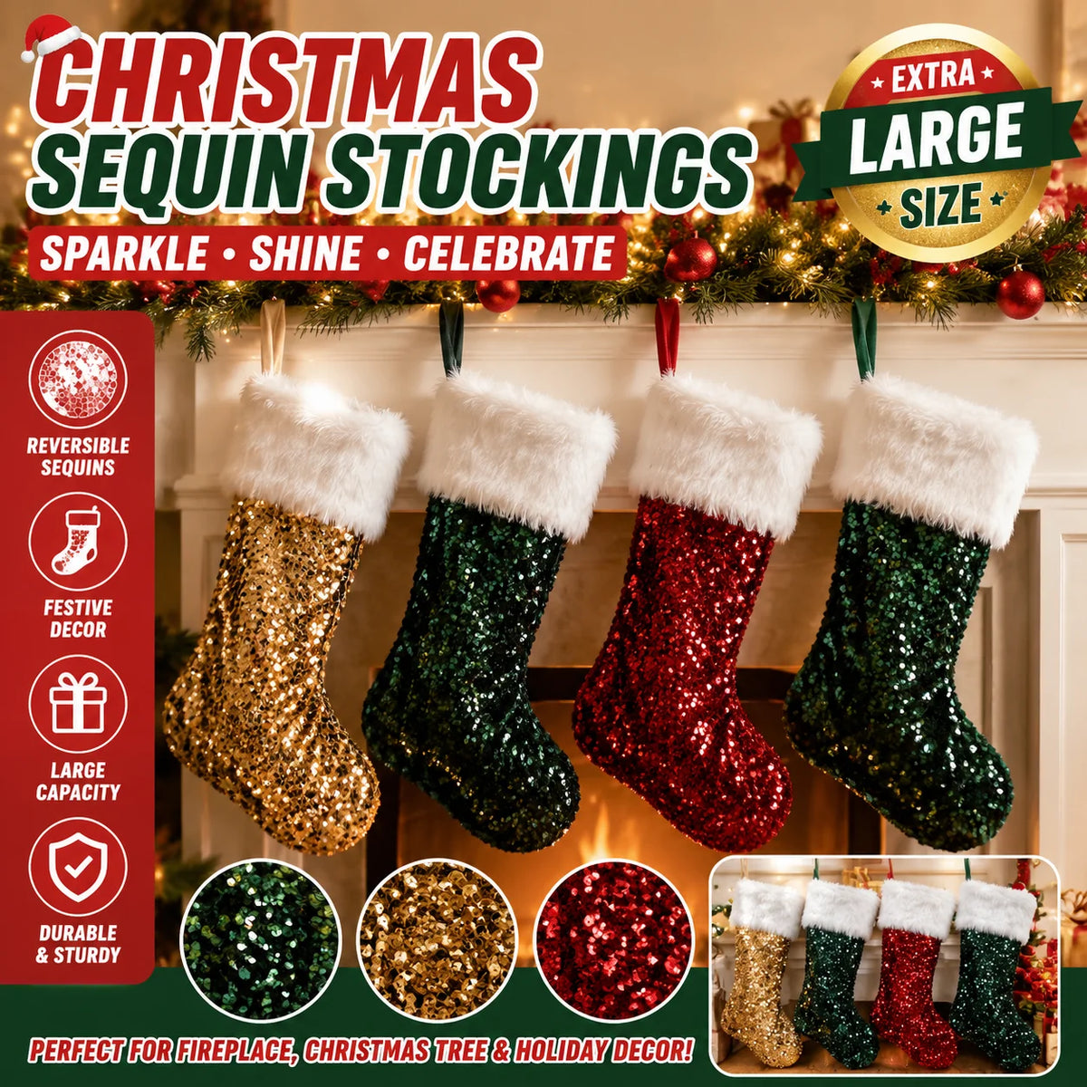 Large Flip Sequin Christmas Stockings – Fireplace Holiday Decor Christmas Stocking PLUSH
