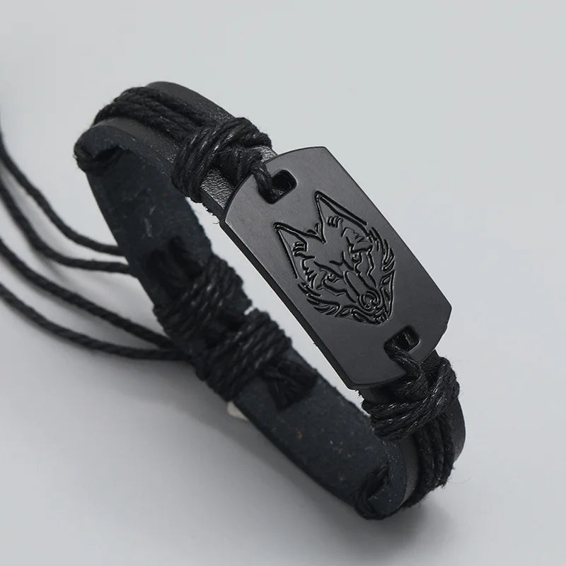 Viking Wolf Head Braided Leather Bracelet – Adjustable Unisex Charm Bracelet PLUSH