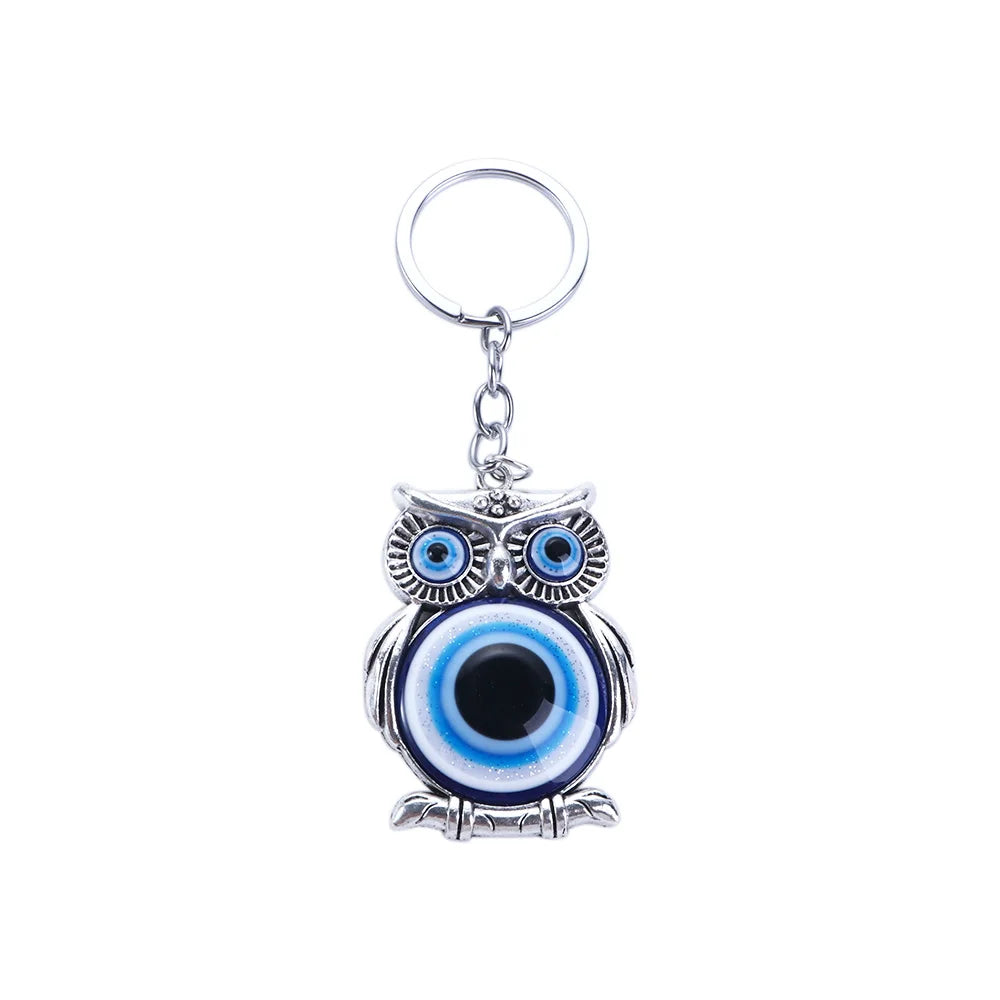Evil Eye Owl Lucky Charm Keychain – Glass Car Pendant Charm Keychain PLUSH silver