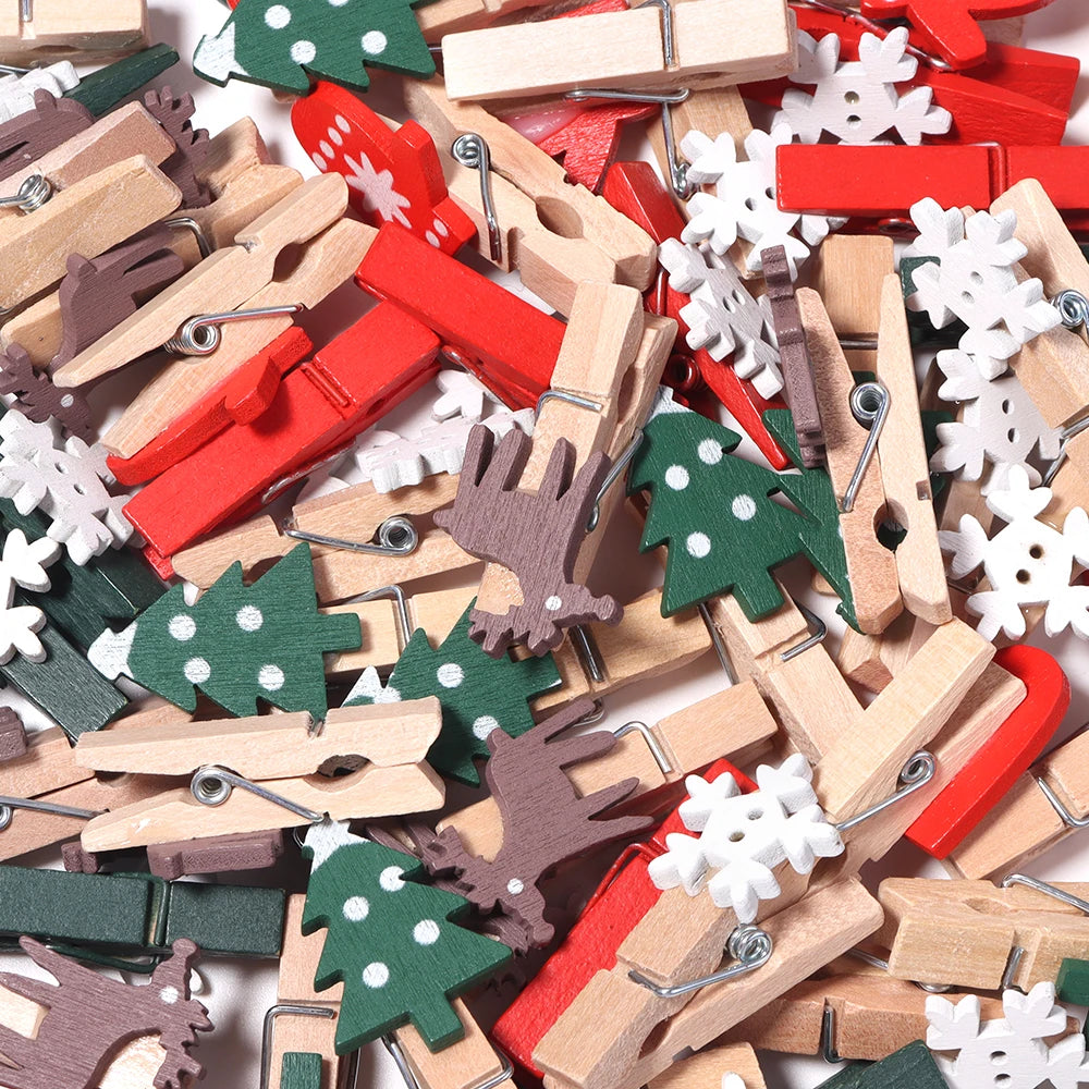 20pcs Christmas Wooden Mini Clips – Xmas Tree Snowflake Reindeer Holiday Wood Clips PLUSH