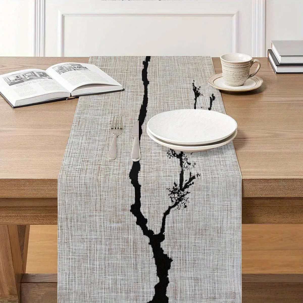 Zen Ink Branch Table Runner | Japanese Chinese Style, 3 Sizes Table Runner PLUSH