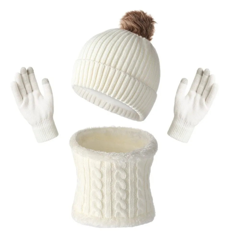 Women's Winter Knit Beanie Hat Scarf & Gloves Set | Pompom Winter Accessory Set PLUSH White