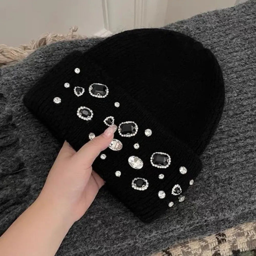 Women's Rhinestone Knit Beanie – Warm Winter Hat Knit Beanie Hat PLUSH Black