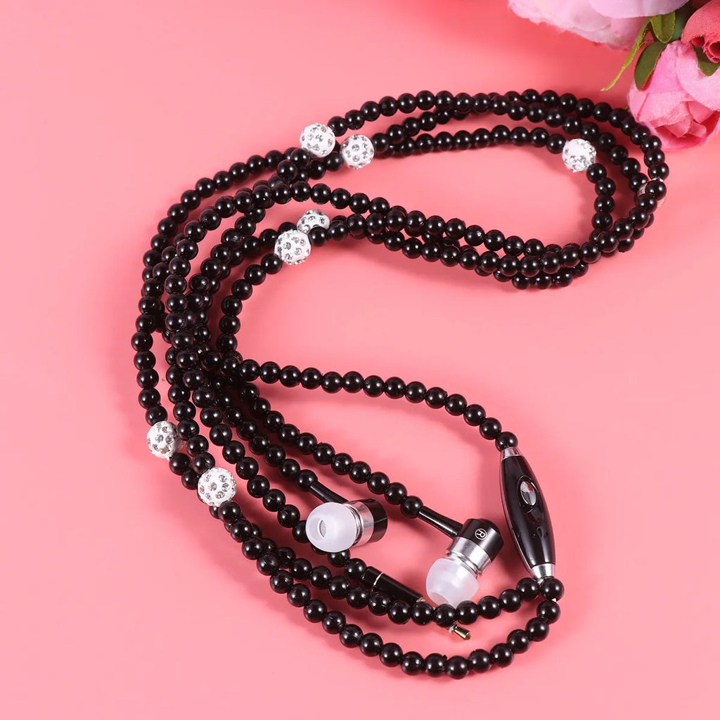 Pearl Chain Wired Earphones with Mic – Necklace Style Earbuds Wired In-Ear Earphones PLUSH
