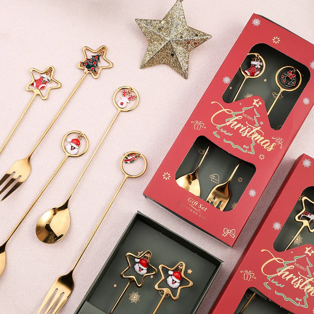 Santa Spoon & Fork Set – Christmas Holiday Dessert Tableware Holiday Flatware Set PLUSH