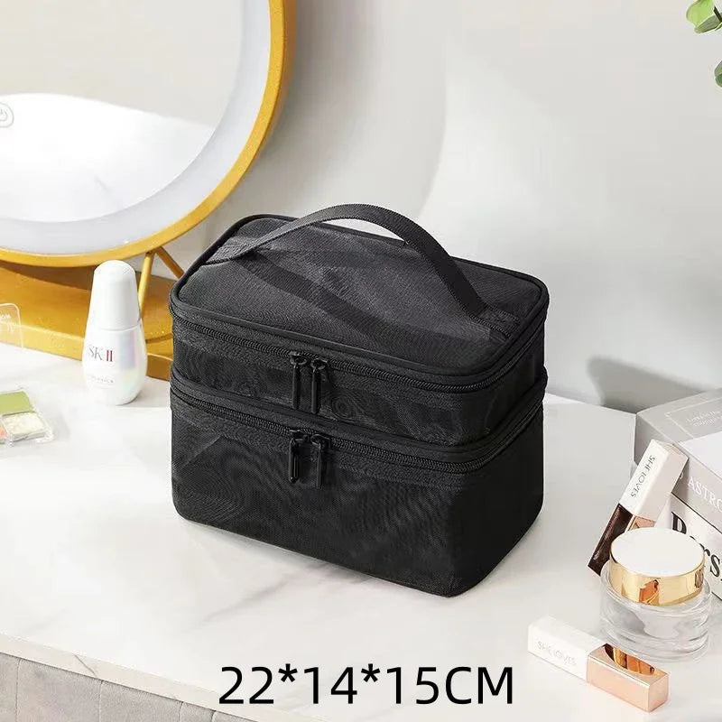Travel Mesh Makeup Organizer Bag | Cosmetics Storage Box Makeup Organizer Bag PLUSH Double layer bag