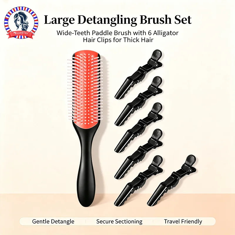 Wide Teeth Paddle Detangling Brush & 6 Hair Clips Set Hair Brush Set PLUSH