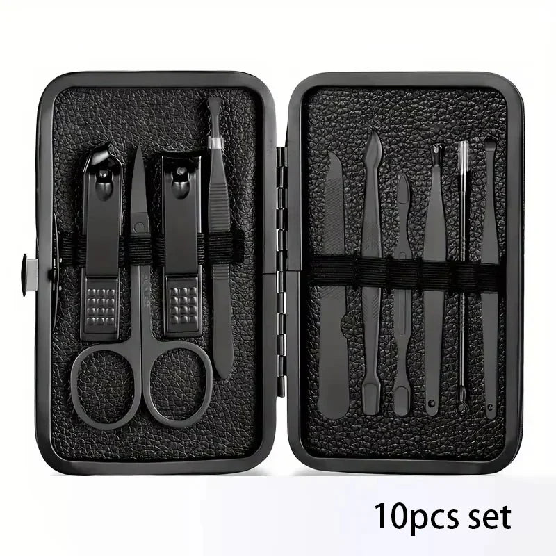 Stainless Steel Manicure & Pedicure Set 7–18 Pcs | Nail Kit Nail Grooming Kit PLUSH Black 10 PCS SET
