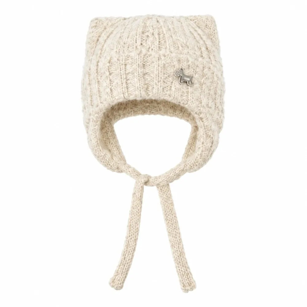 Women's Cat Ears Knit Slouchy Hat – Warm Ear Flap Cap Knit Ear Flap Hat PLUSH Beige