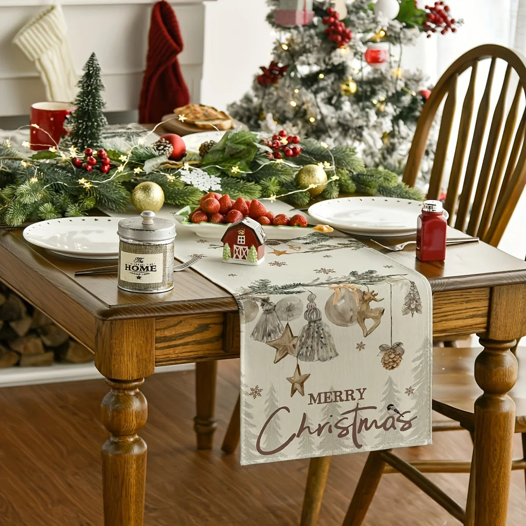 Scandinavian Christmas Table Runner – Elk & Pine Watercolor Print Christmas Table Runner PLUSH