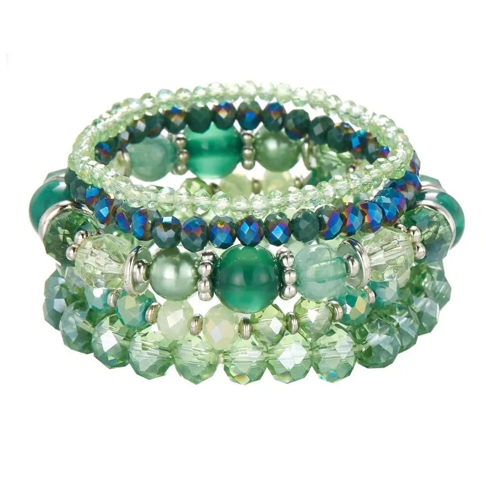 Bohemian Faceted Glass Bead Elastic Layered Bracelet Set 5pcs Beaded Bracelet Set PLUSH Green