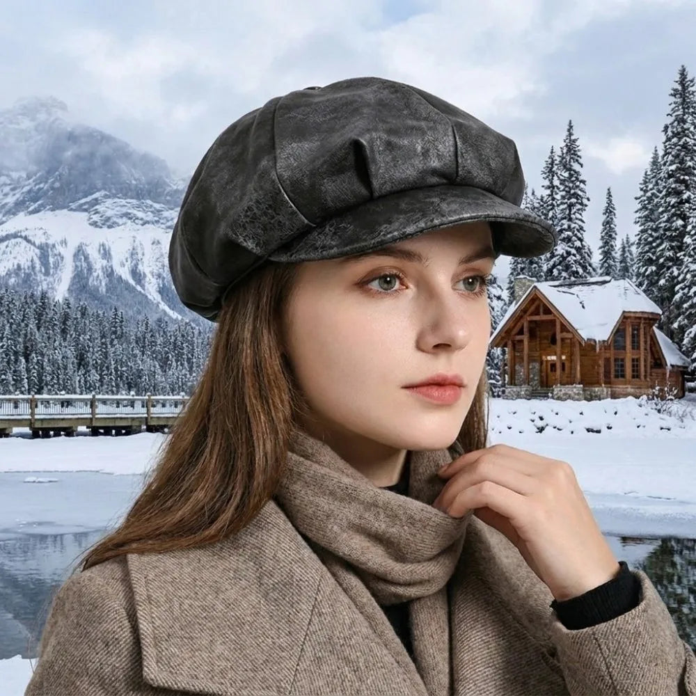 Women's PU Leather Beret Newsboy Cap – British Style Hat Women's Beret Cap PLUSH