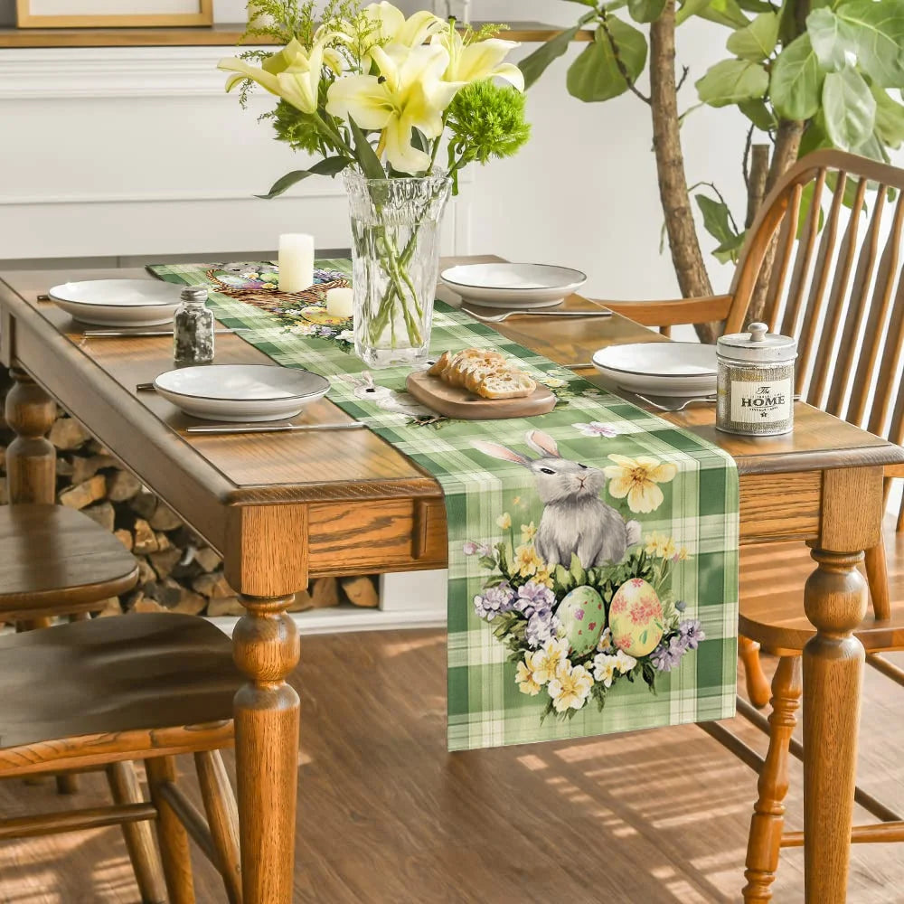 Macaron Green Easter Table Runner – Rabbit & Floral Plaid Easter Table Runner PLUSH
