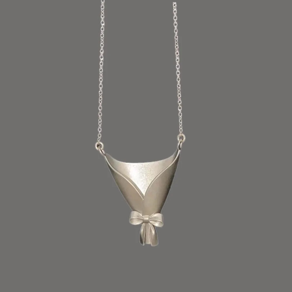 Silver Flower Bouquet Bow Pendant Necklace – Collarbone Chain Pendant Necklace PLUSH Silver