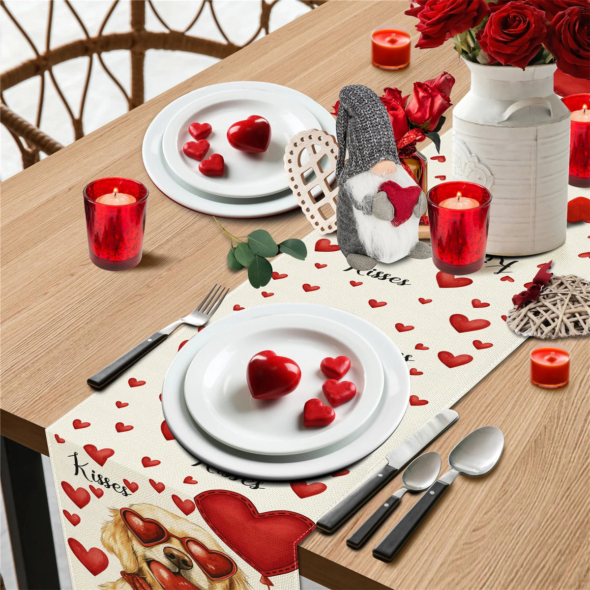 Valentine's Day Table Runner – Kiss & Puppy Heart | 3 Sizes Holiday Table Runner PLUSH
