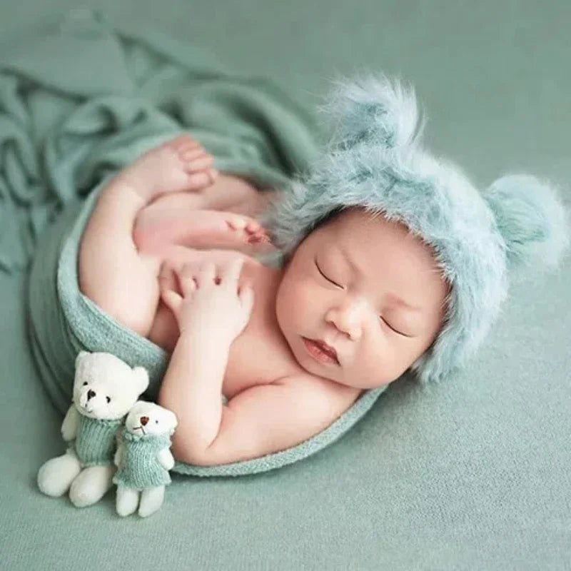 Newborn Photography Props Set – Rabbit Fur Hat & Teddy Bear Newborn Photo Props PLUSH