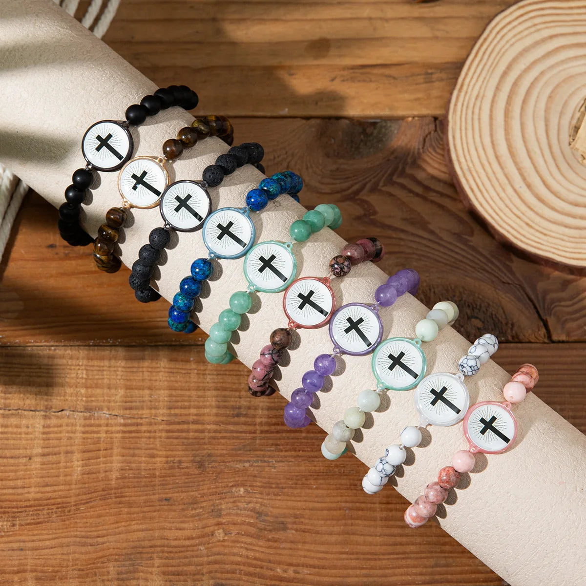 NFC Bible Verse Natural Stone Cross Bracelet – Unisex Christian Beaded Cross Bracelet PLUSH