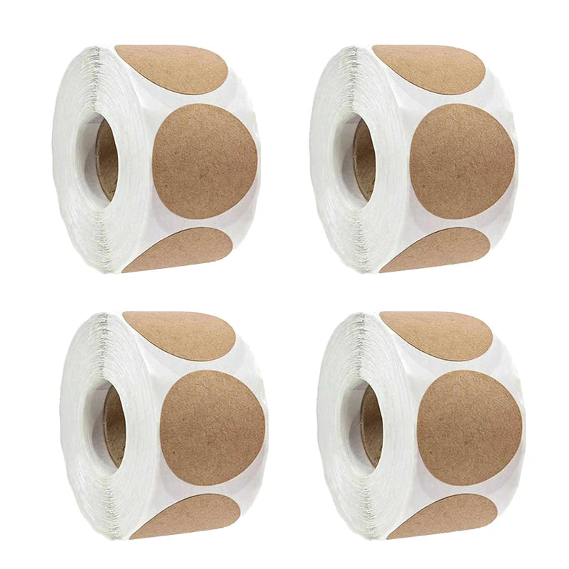 500pcs Kraft Round Stickers – Self-Adhesive DIY Label Roll Kraft Paper Stickers PLUSH 4 Rolls