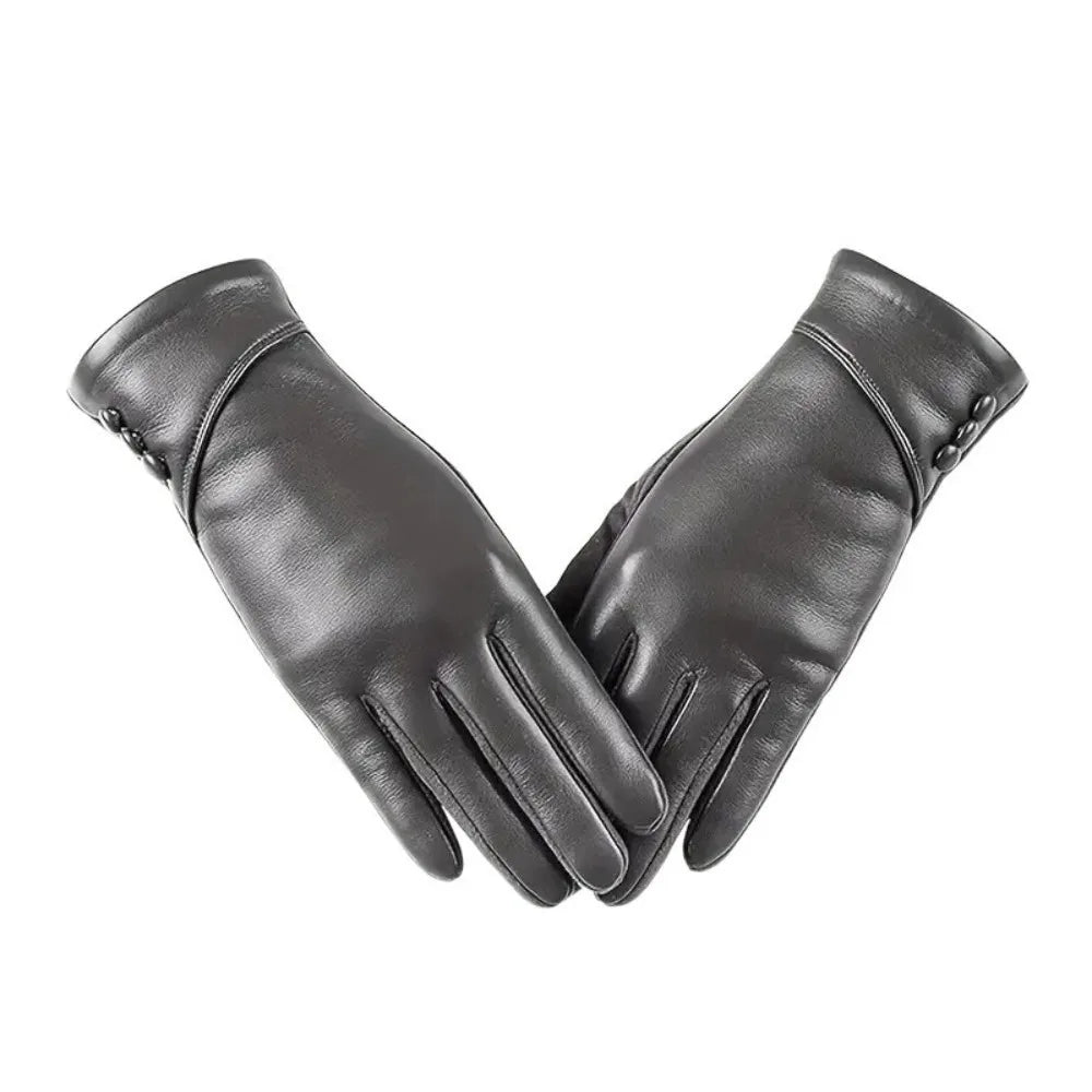 Women's PU Leather Touch Screen Gloves – Warm Cycling Mittens Leather Winter Gloves PLUSH Grey
