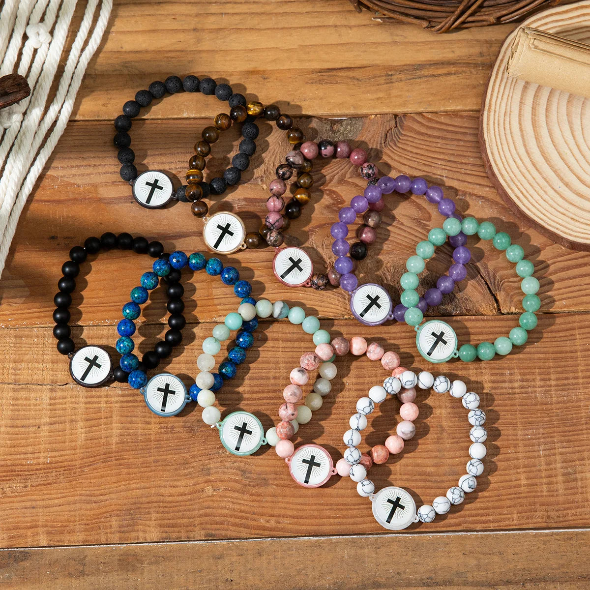NFC Bible Verse Natural Stone Cross Bracelet – Unisex Christian Beaded Cross Bracelet PLUSH