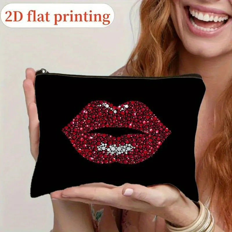 Red Sequin Lip Print Makeup Bag – Zipper Pouch for Women Makeup Cosmetic Bag PLUSH