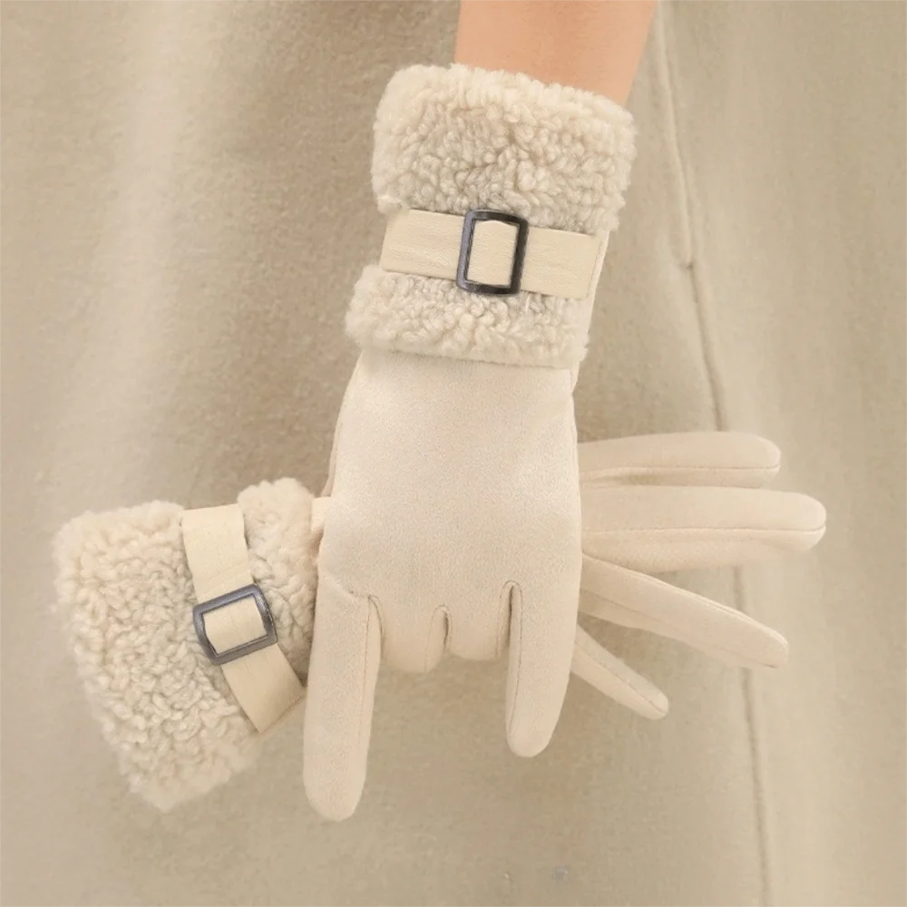 Women's Fleece-Lined Suede Winter Gloves – Windproof Full Finger Winter Gloves PLUSH Beige