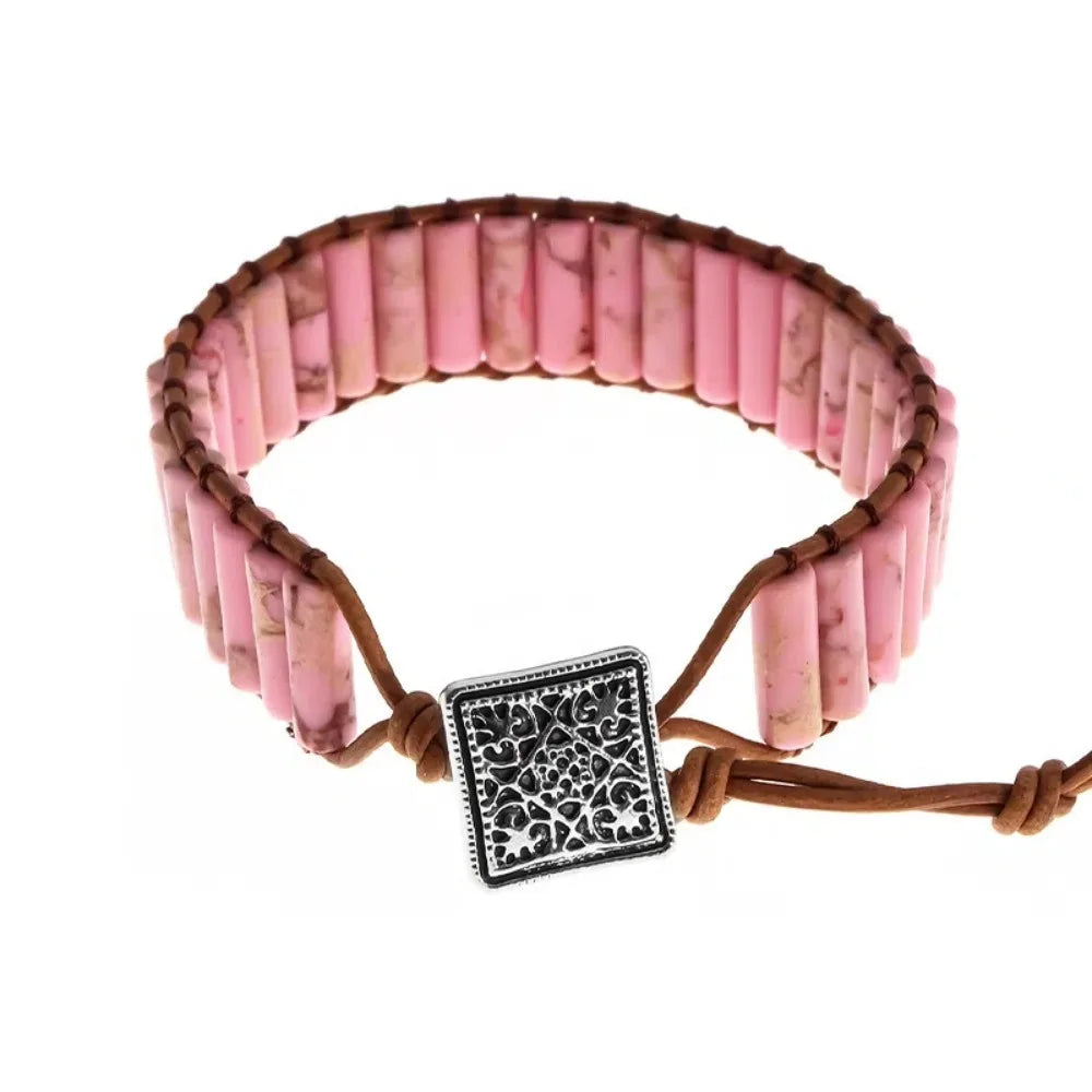 Rainbow Stone Beaded Bracelet – Boho Woven Adjustable Bangle Charm Bracelet PLUSH Pink