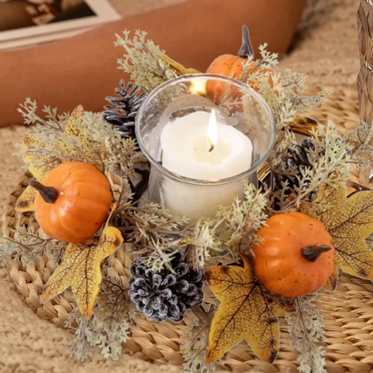 Fall Candle Ring Wreath – Maple Leaves & Pine Cones Décor Candle Ring Wreath PLUSH