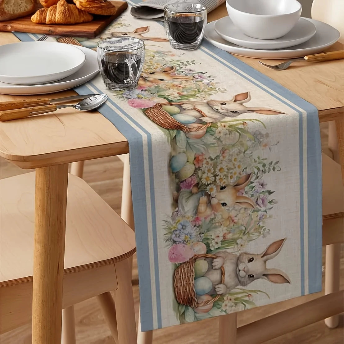 Easter Bunny Table Runner – Eggs & Watercolor Flower Design Holiday Table Runner PLUSH