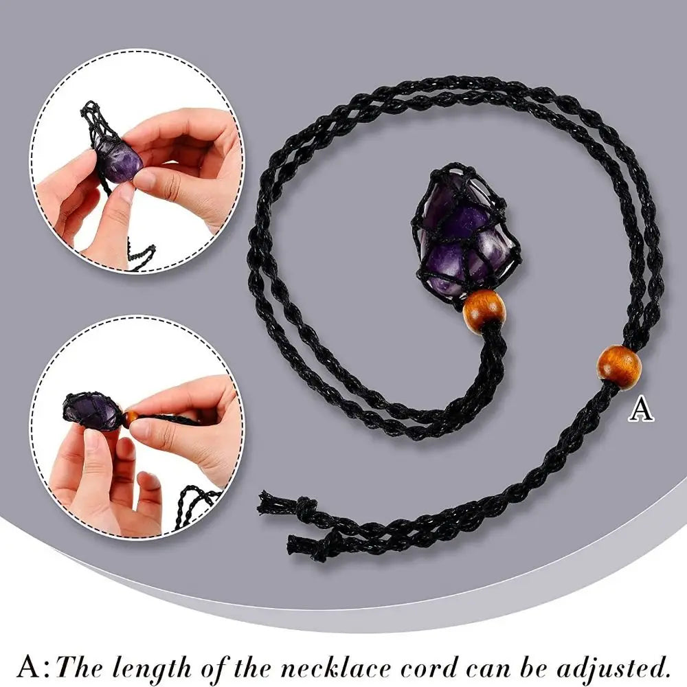 Braided Net Bag Necklace – Adjustable Boho Crystal Holder Pendant Necklace PLUSH