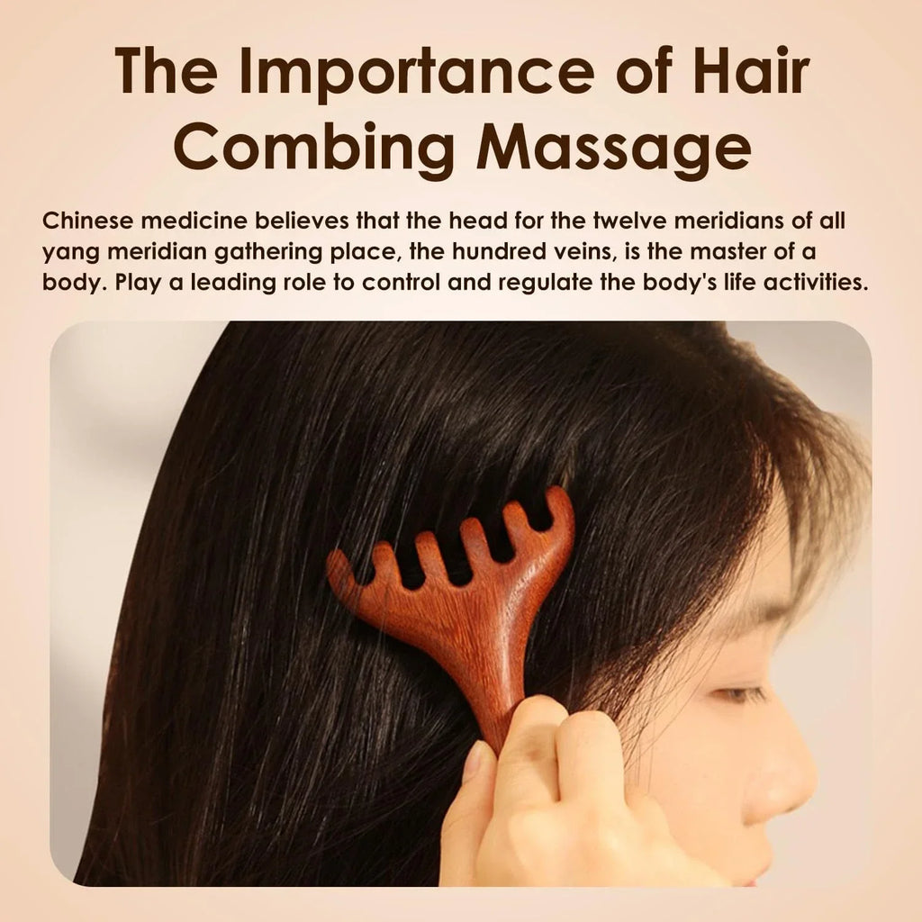 Natural Sandalwood Scalp Massager & Gua Sha Comb – 5-Claw Scalp Massage Comb PLUSH